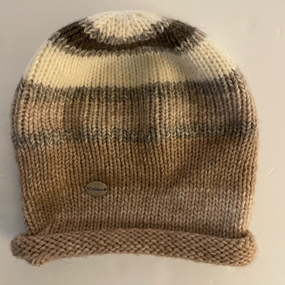 Calimar Italy- Alpaca Virgin Wool Knit Beanie Hat NWT Tan/Grey/